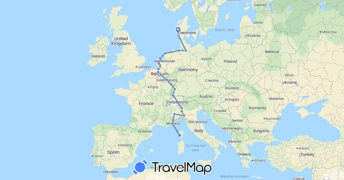 TravelMap itinerary: driving, cycling in Belgium, Switzerland, Germany, Denmark, France, Italy, Luxembourg, Netherlands (Europe)